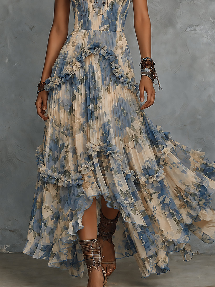 Vestido largo de gasa estampada sin tirantes
