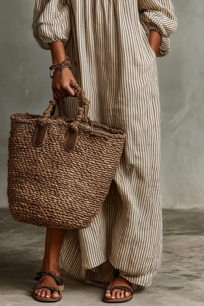 Vestido largo beige a rayas con escote off-shoulder de mezcla de lino