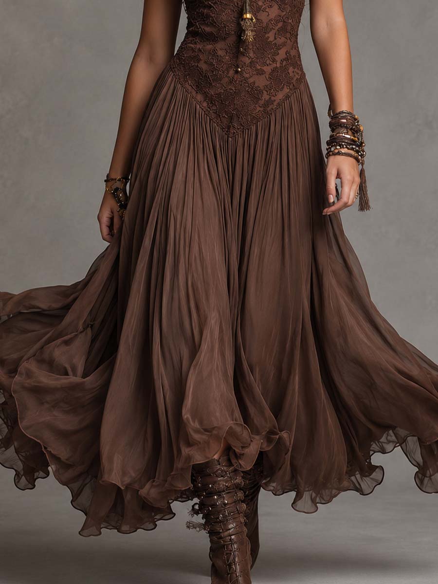 Vestido maxi de gasa marrón oscuro con paneles de encaje