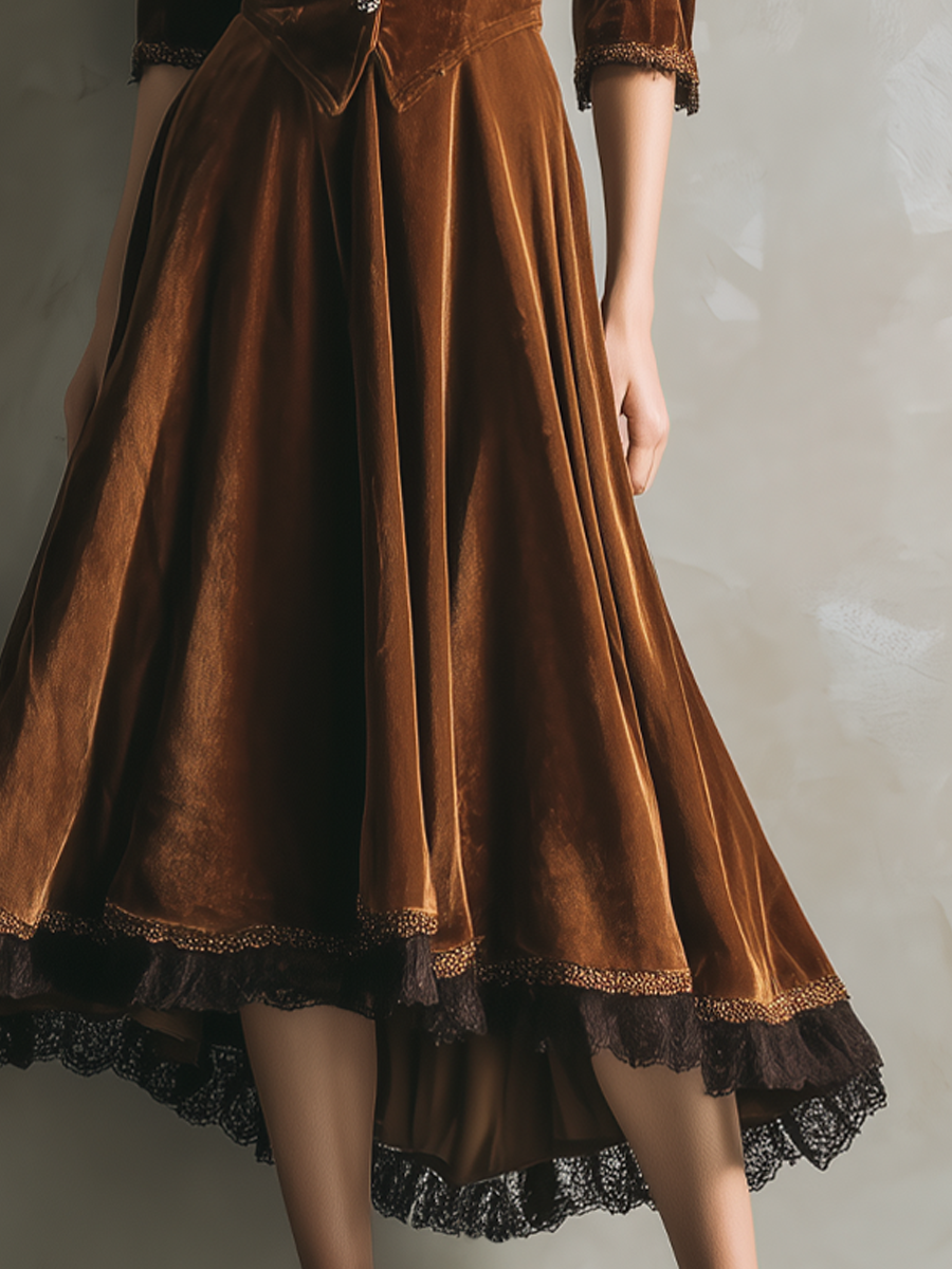Vestido midi vintage de terciopelo con encaje y mangas tres cuartos