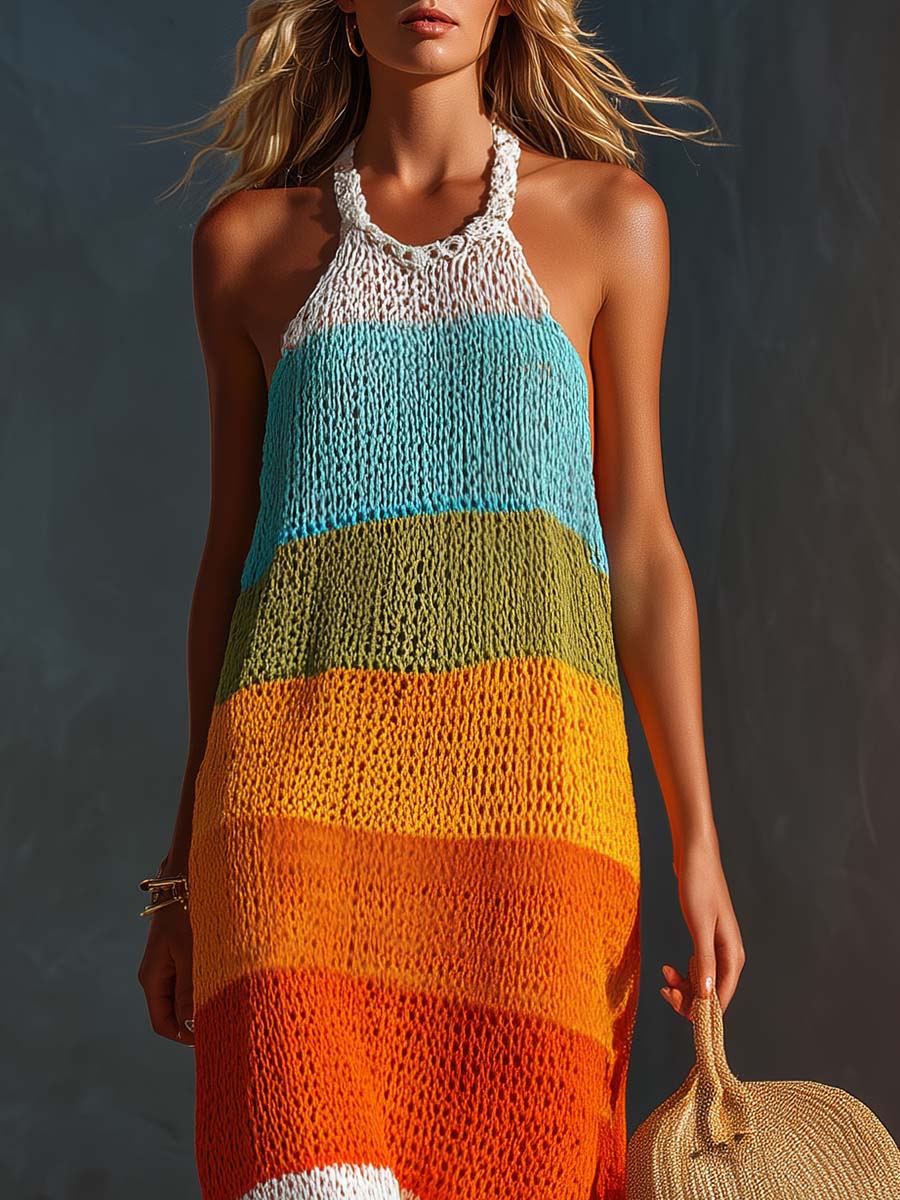 Vestido largo colorido de rayas con cuello halter