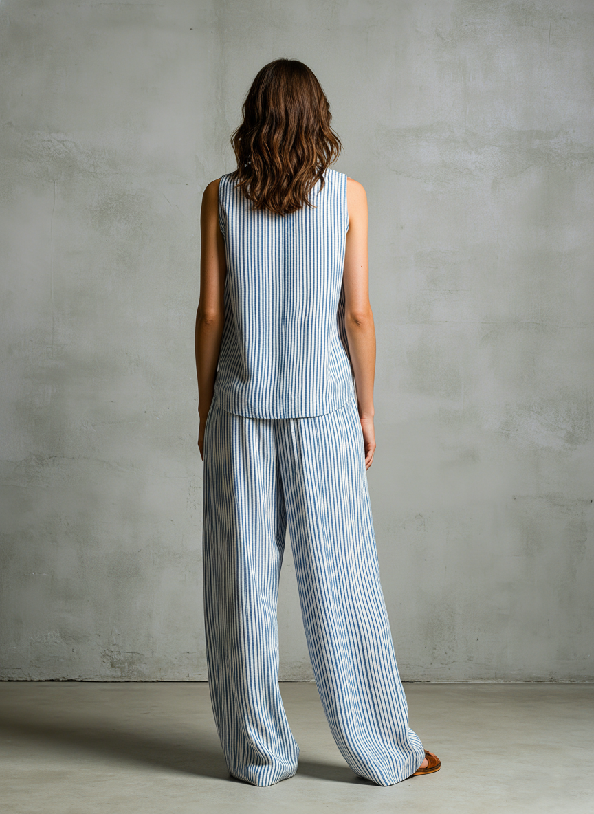 Conjunto de pantalón y camiseta de rayas con cuello en V