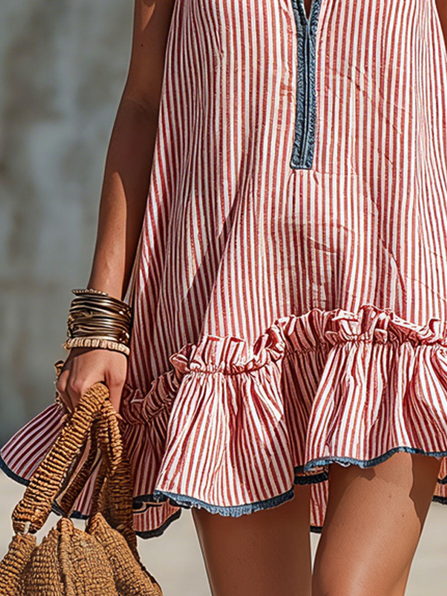 Vestido mini retro a rayas con volantes