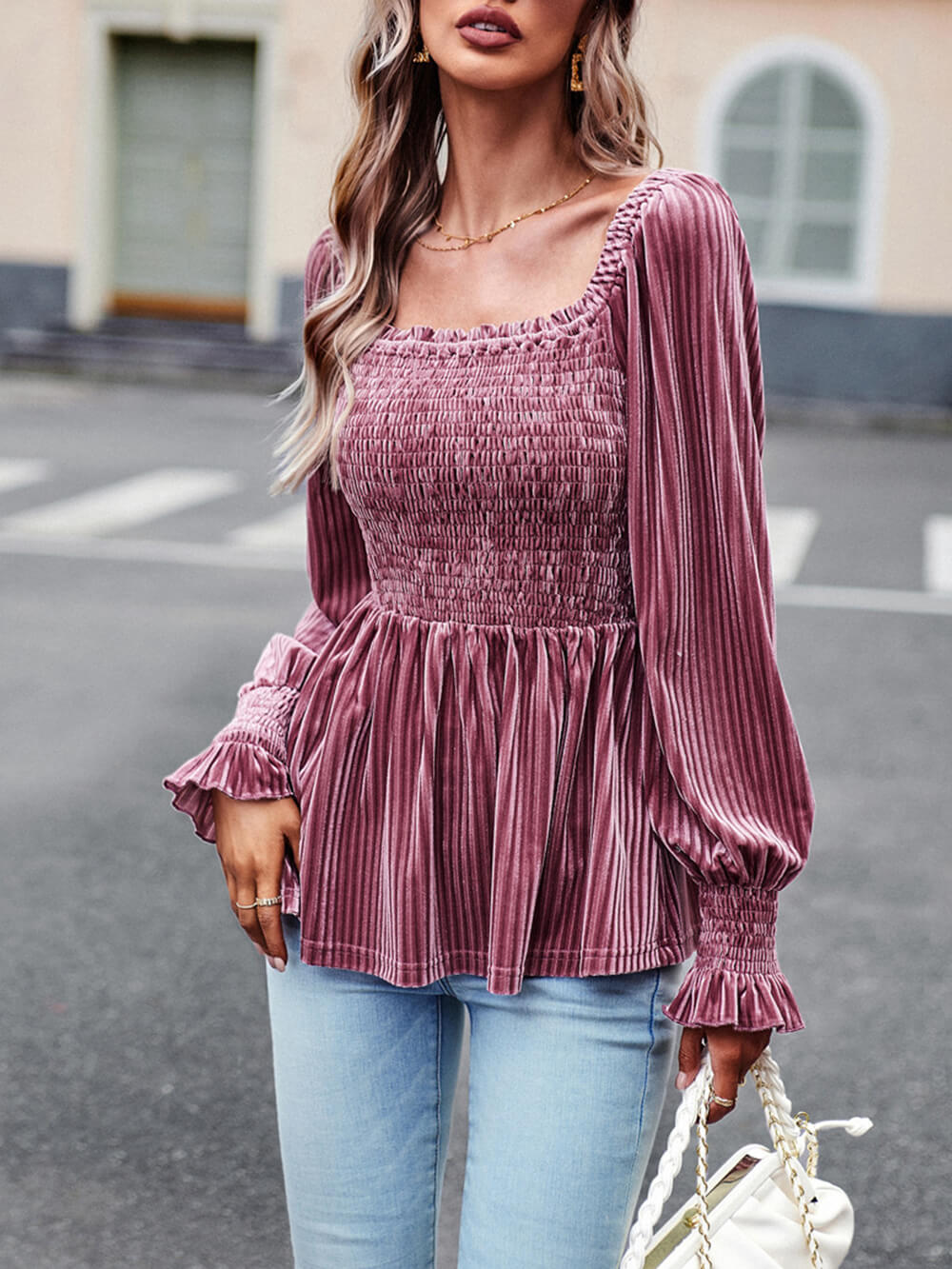Top babydoll de terciopelo ahumado con escote cuadrado