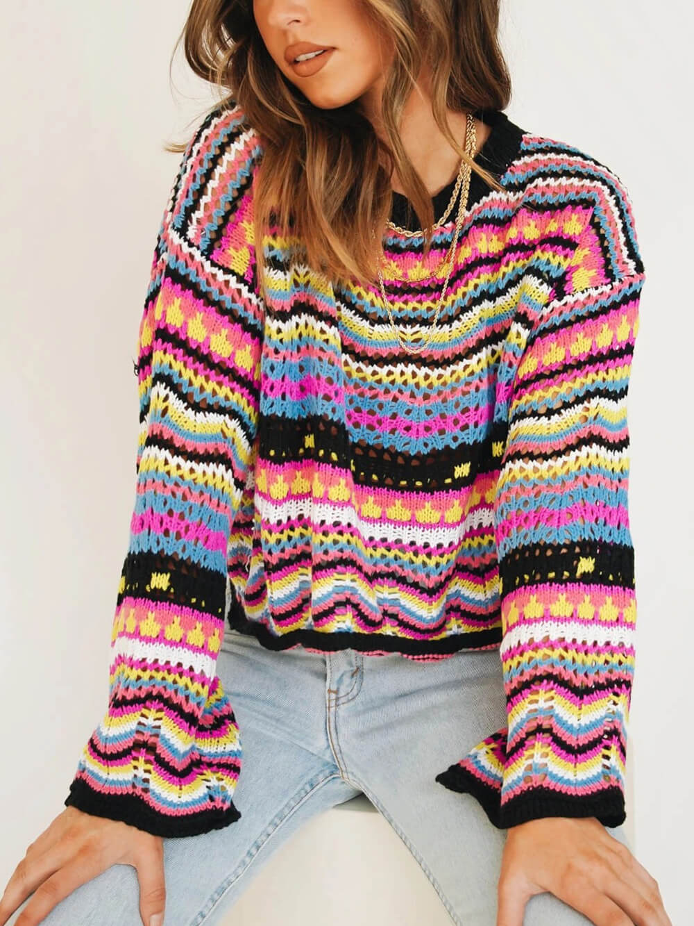 Jersey de rayas con cuello redondo de color medio