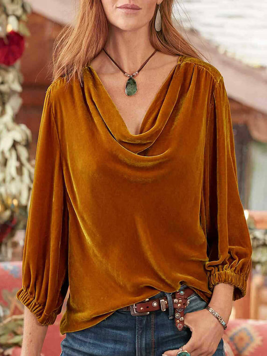 Camiseta plisada con cuello de pila de terciopelo liso de manga larga