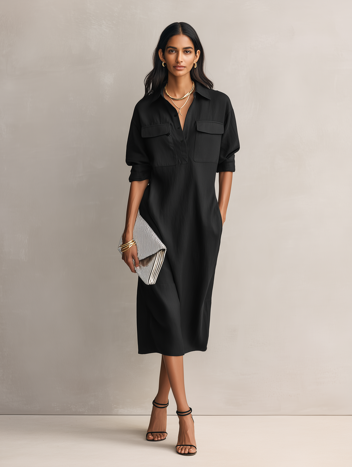 Vestido midi de algodón y lino con cuello de camisa