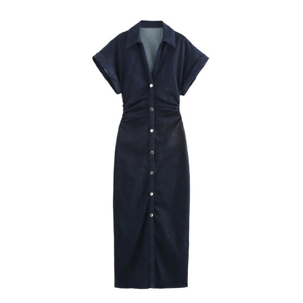 Vestido largo de pana con botones - Azul marino