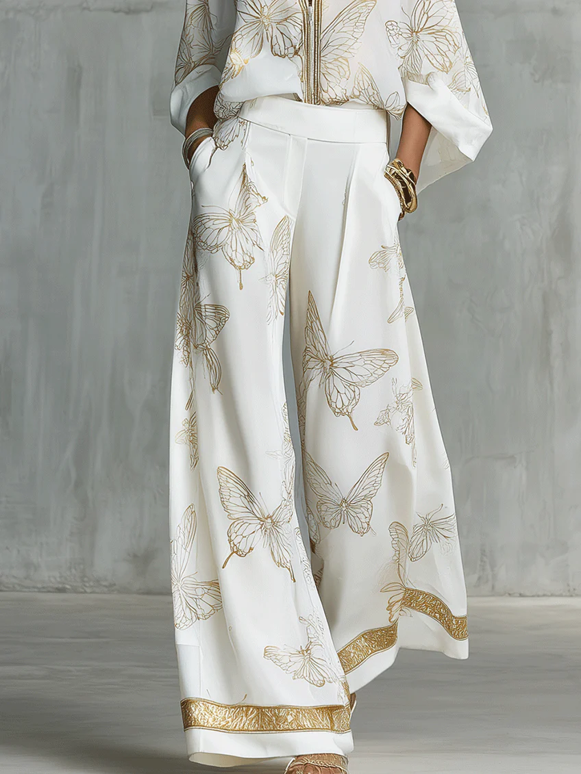 Conjunto suelto de dos piezas casual elegante con estampado de mariposas doradas