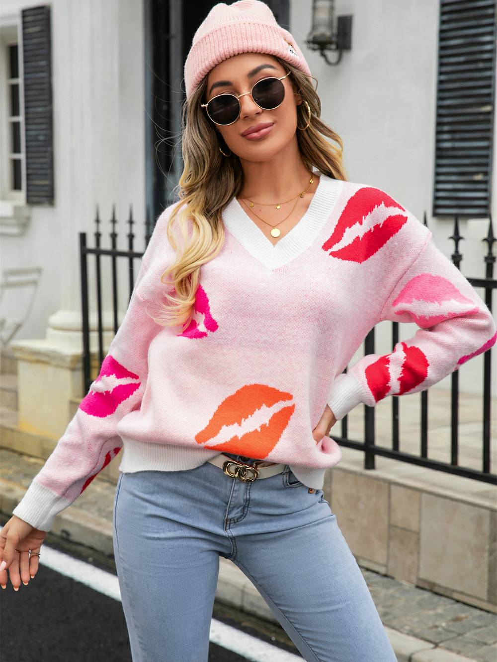Suéter tipo jersey de punto con cuello en V de Lips of Love