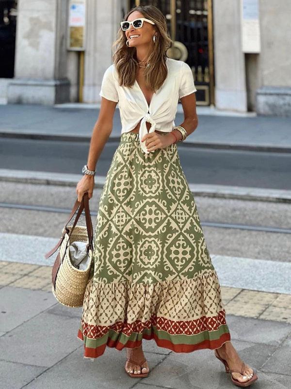 Falda larga estilo bohemio con estampado tribal barroco en negro