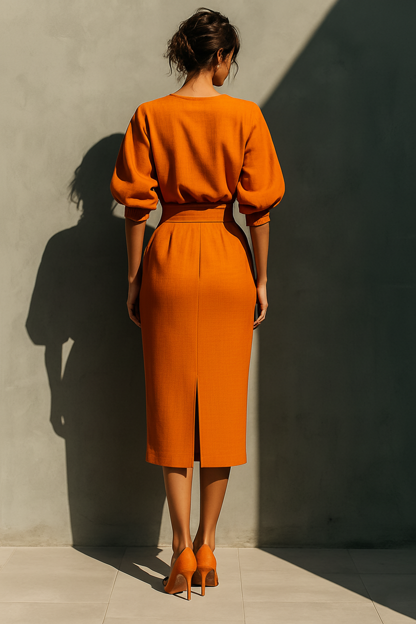 Conjunto de blusa naranja de manga media y falda midi