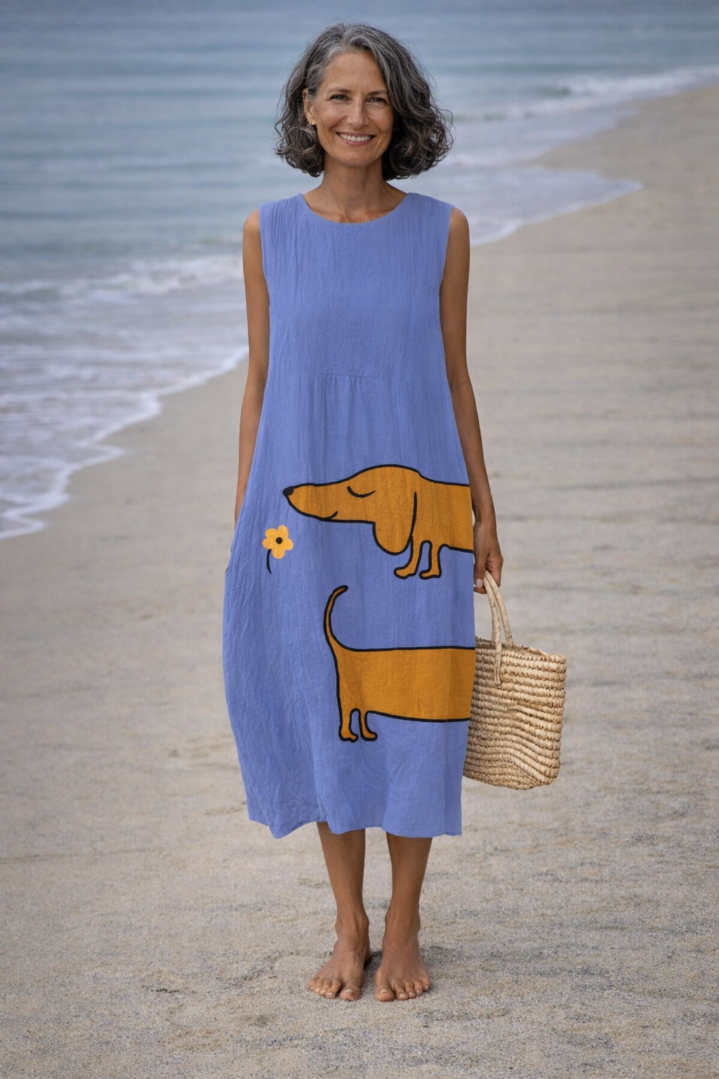 Julia | Vestido de lino para mujer con encantador estampado de perro salchicha