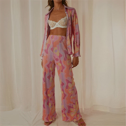 Conjunto de pantalón y camisa de manga larga con solapa estampada plisada