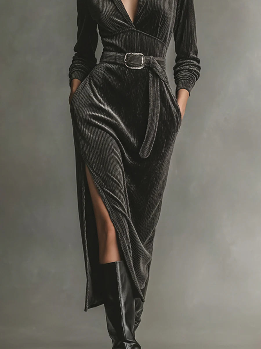 Vestido elegante de pana con cuello con lazo y aberturas laterales