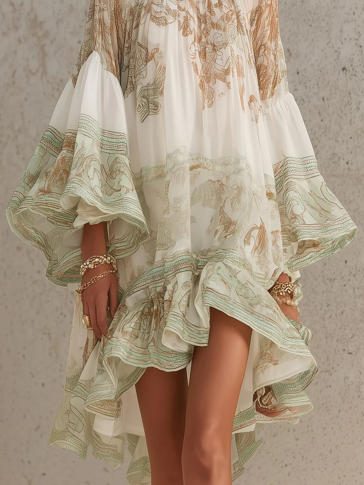 Vestido mini de gasa verde con volantes en el dobladillo y mangas con volante