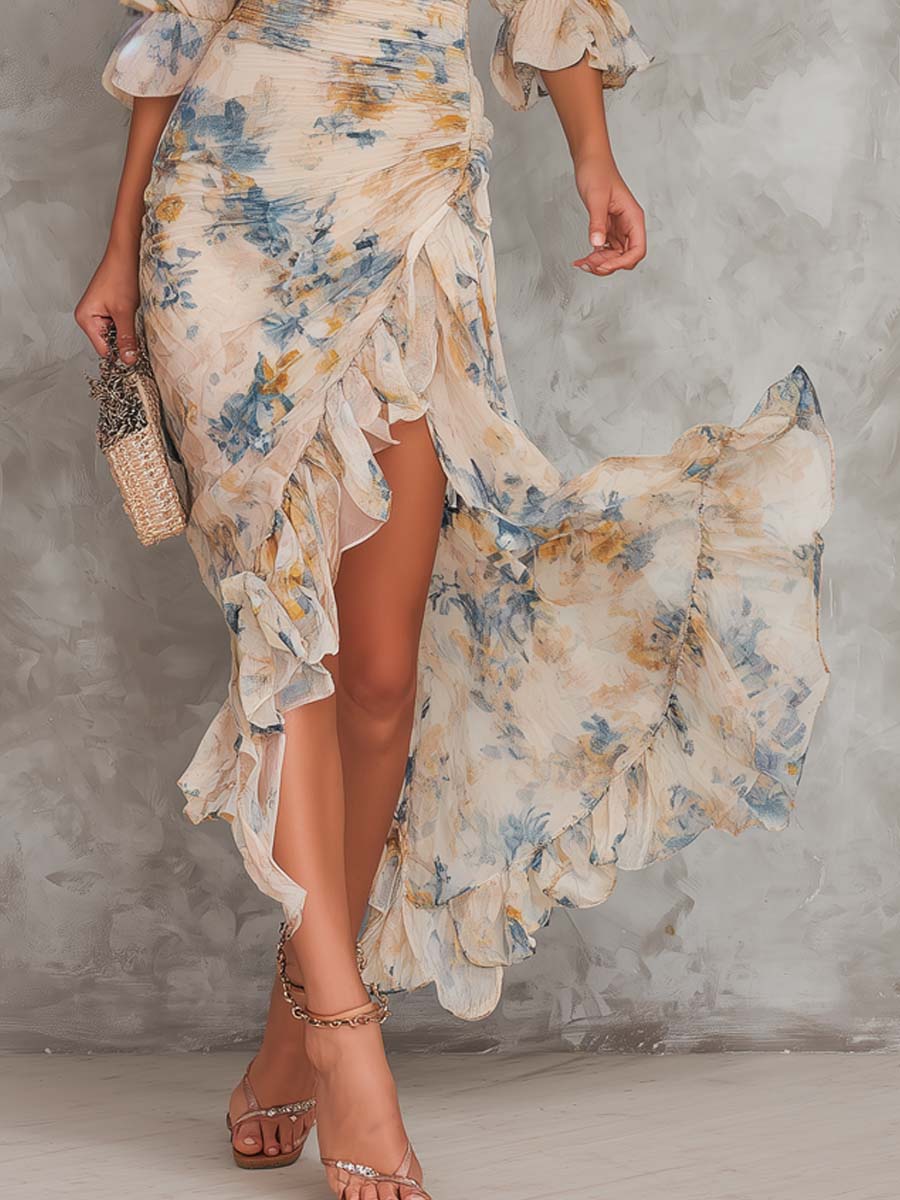 Vestido maxi de gasa irregular con cuello alto beige y estampado floral de pintura al óleo