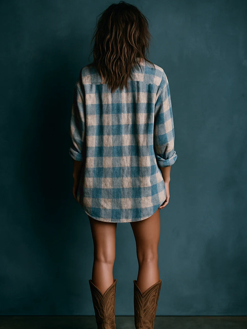 Vestido mini de manga larga con cuello henley y estampado a cuadros sueltos azul y blanco