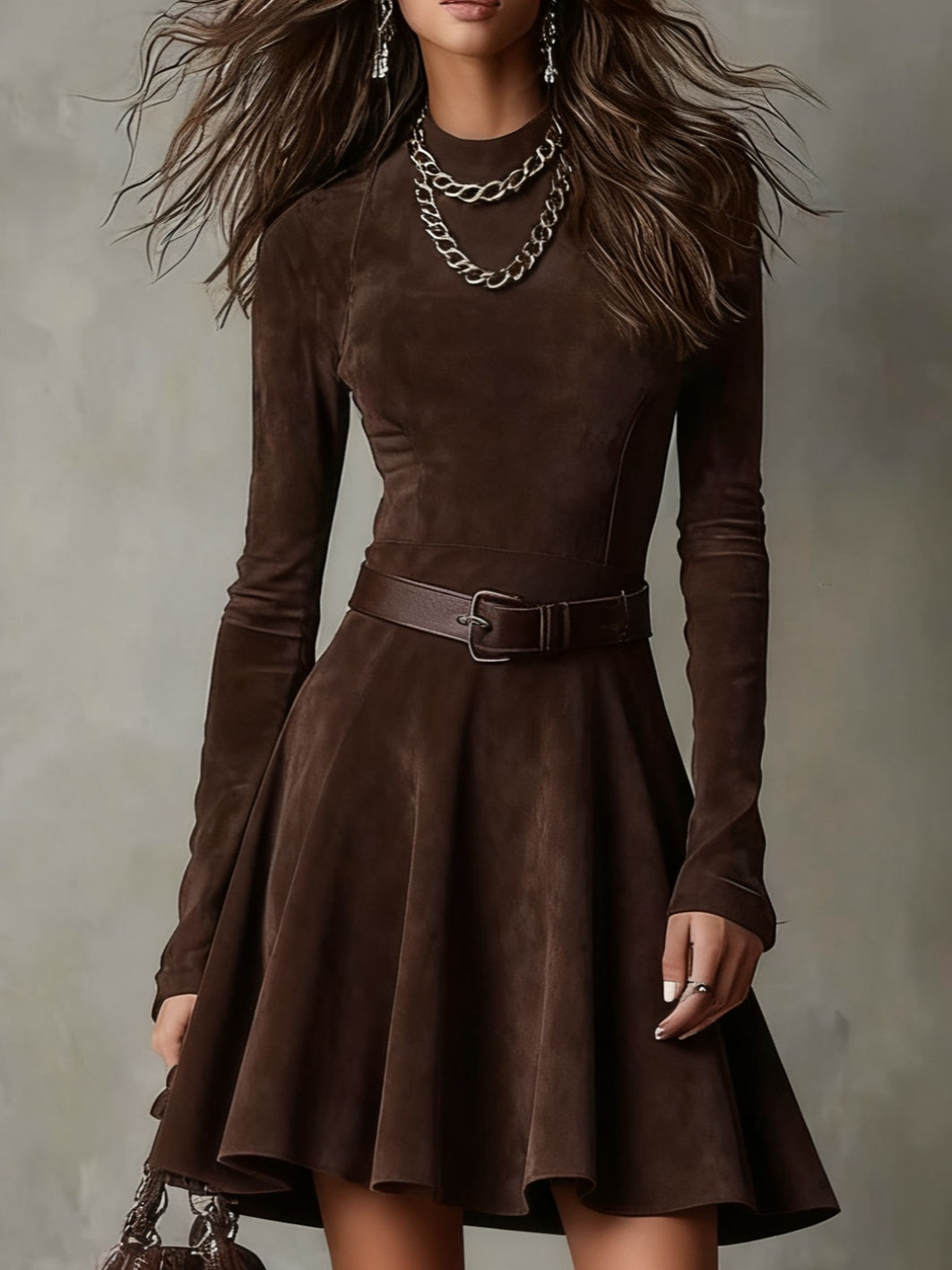 Vestido mini vintage de ante marrón oscuro con cuello simulado
