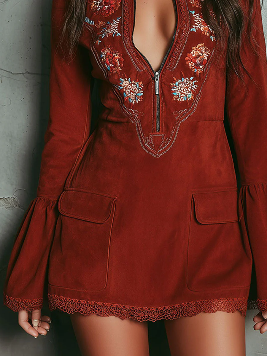 Vestido mini vintage rojo óxido con mangas acampanadas bordadas y encaje de ante sintético