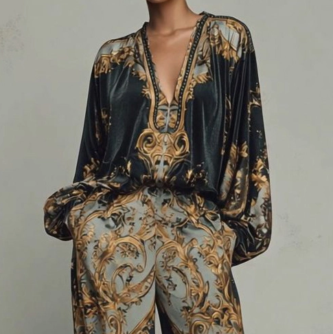 Conjunto holgado con escote en V profundo y estampado barroco retro
