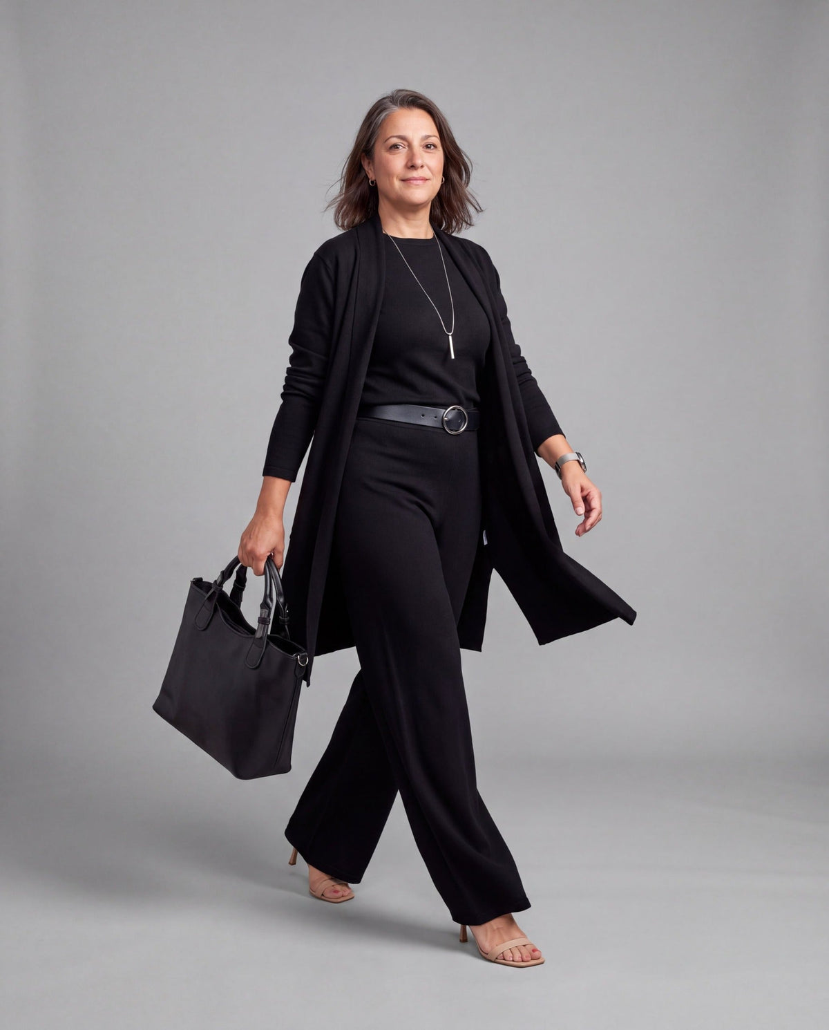 Conjunto Fiorenza — Tres Piezas de Punto: Cárdigan Largo, Top y Pantalón Palazzo