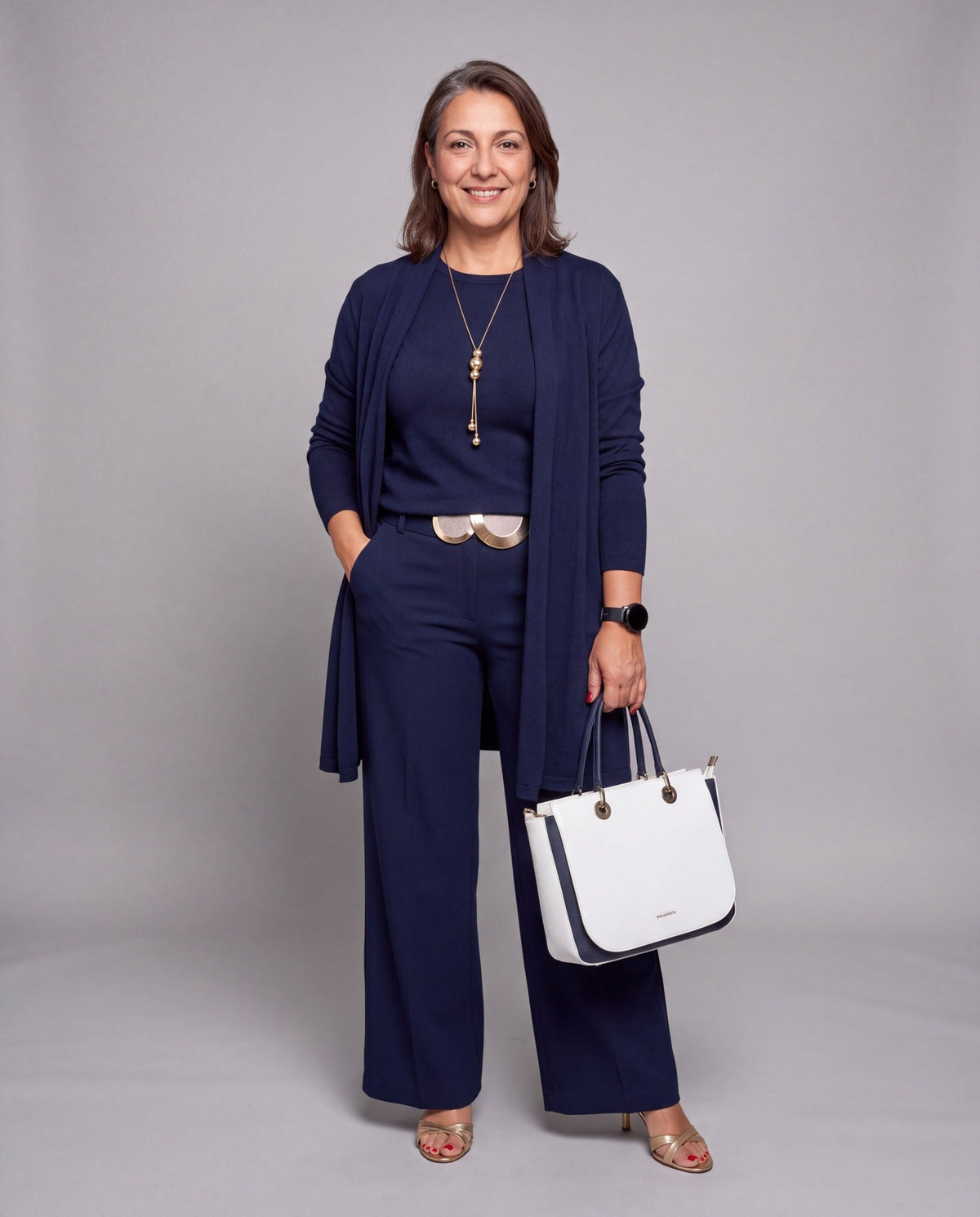 Conjunto Fiorenza — Tres Piezas de Punto: Cárdigan Largo, Top y Pantalón Palazzo