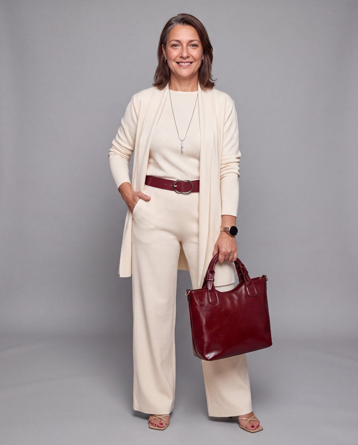 Conjunto Fiorenza — Tres Piezas de Punto: Cárdigan Largo, Top y Pantalón Palazzo