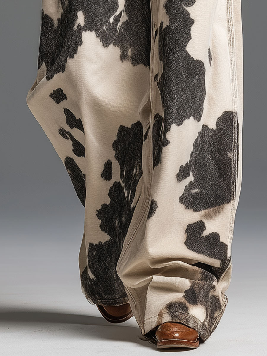Pantalones con patrón de vaca de estilo occidental retro y a la moda