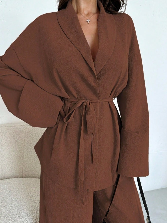 Conjunto de Dos Piezas: Chaqueta Cruzada con Cinturón y Pantalones de Pierna Ancha