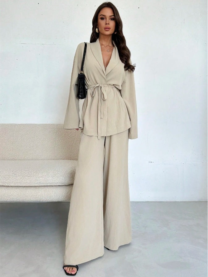 Conjunto de Dos Piezas: Chaqueta Cruzada con Cinturón y Pantalones de Pierna Ancha