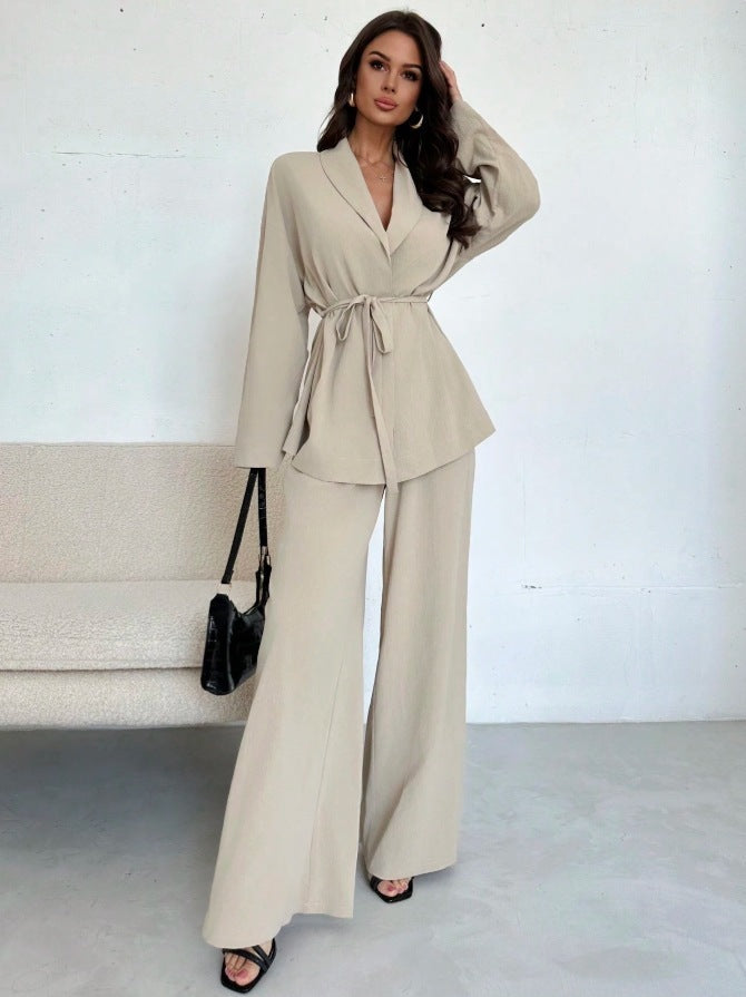 Conjunto de Dos Piezas: Chaqueta Cruzada con Cinturón y Pantalones de Pierna Ancha