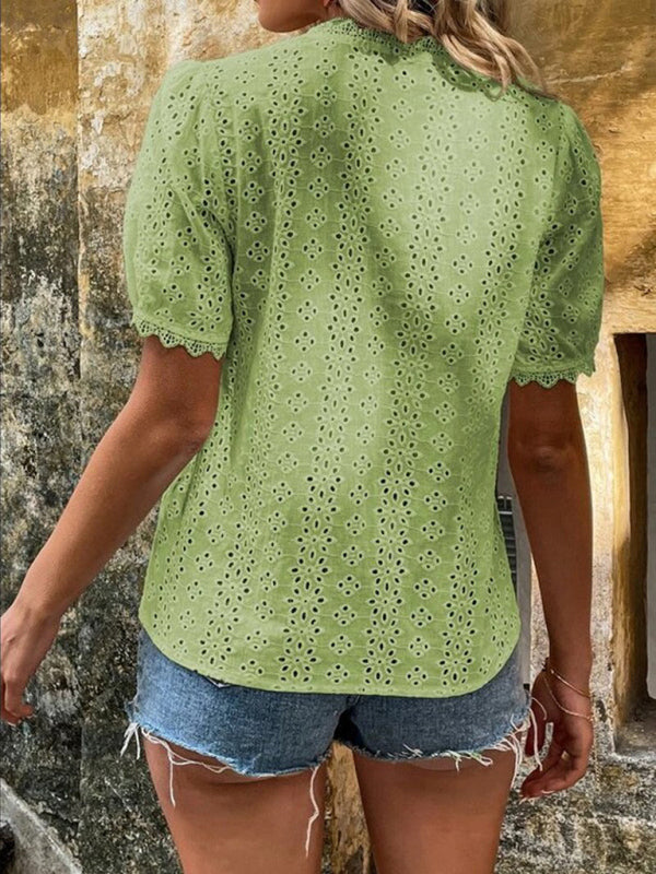Top de manga corta con cuello en V para mujer con ribete de encaje