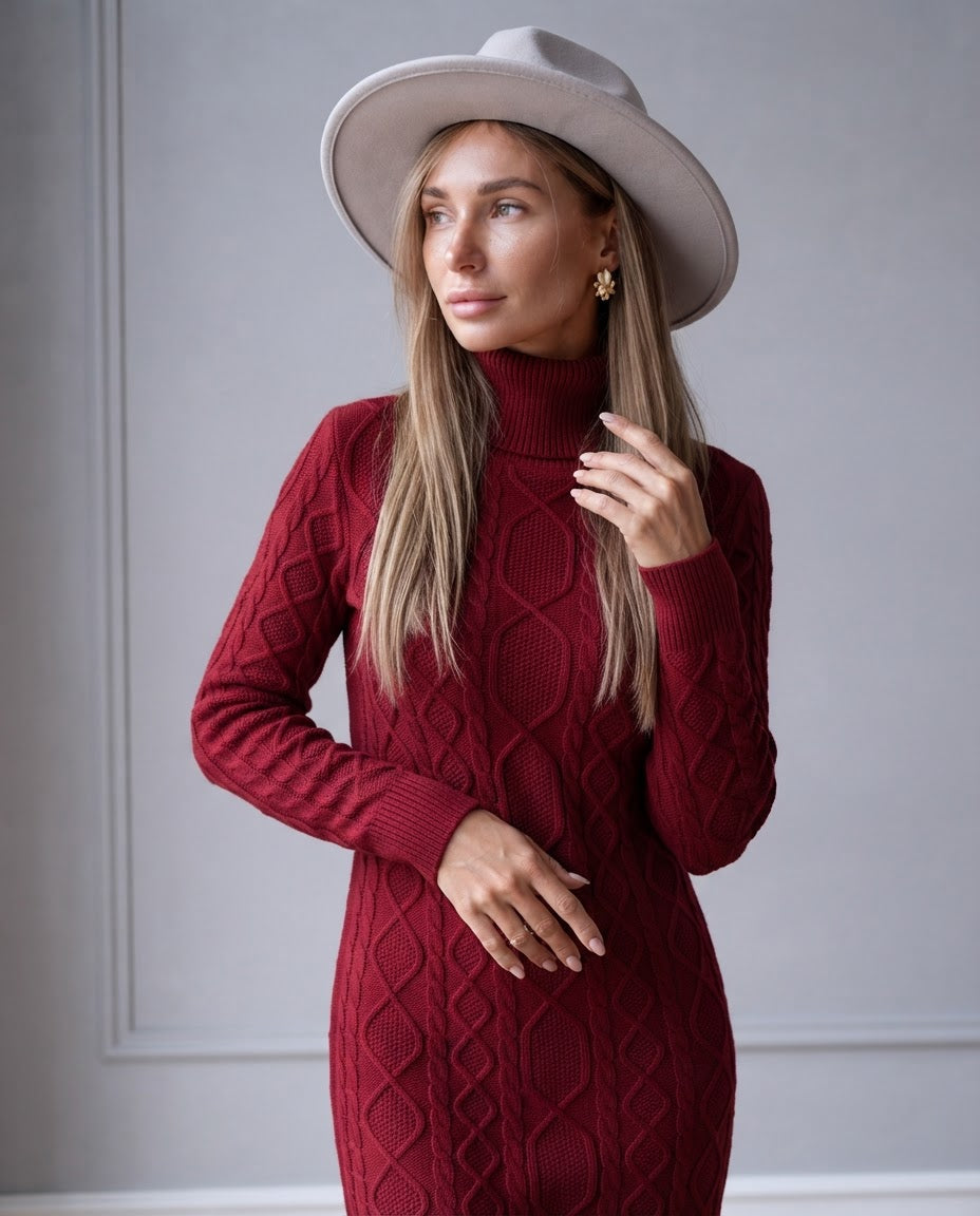 Vestido corto de punto trenzado con cuello alto