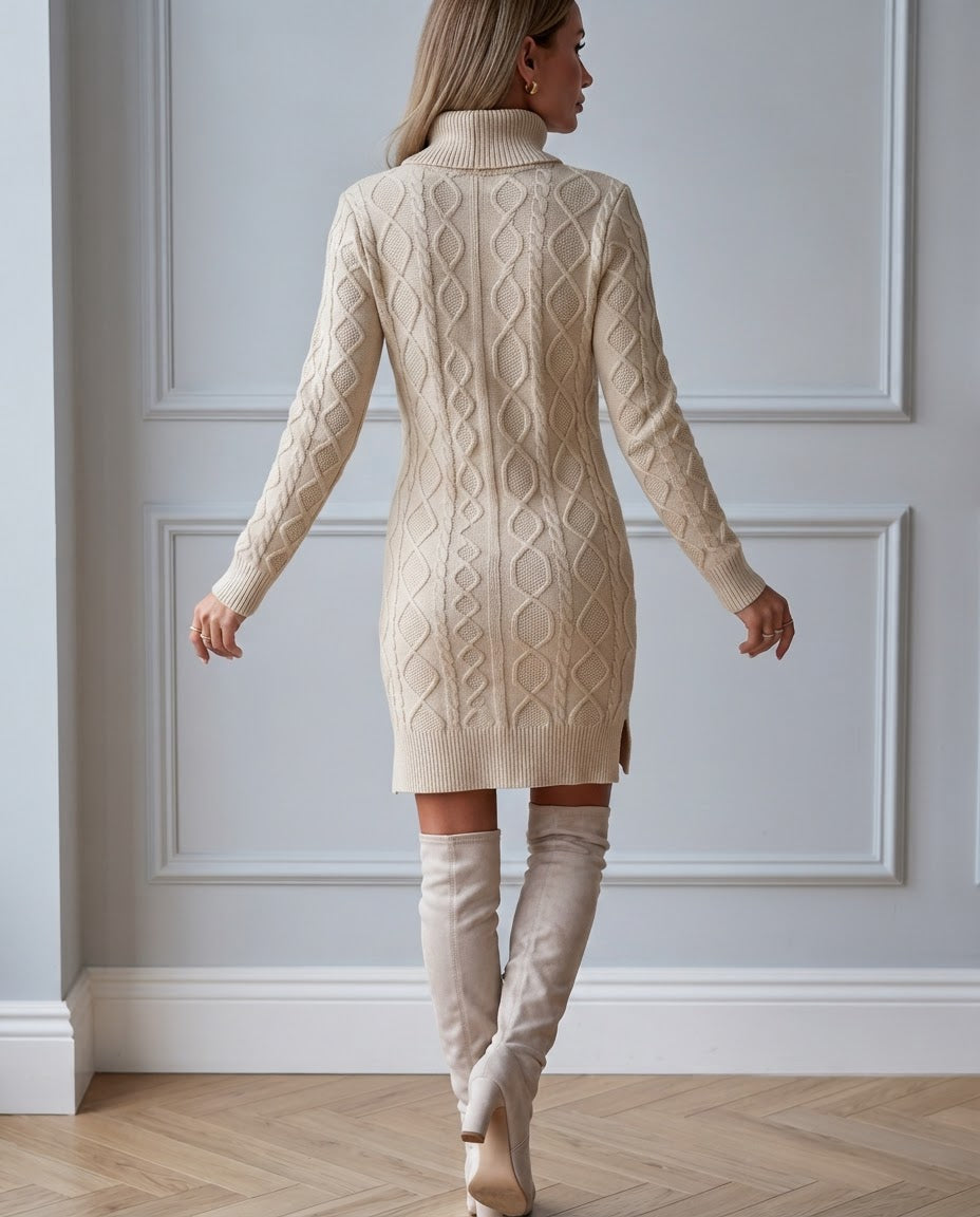 Vestido corto de punto trenzado con cuello alto