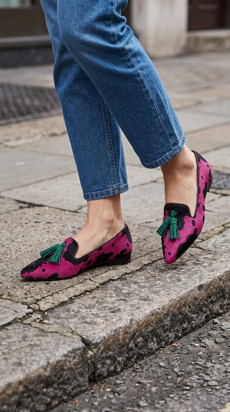 Mocasín Ginevra — Vaca Fucsia, Borlas Verdes