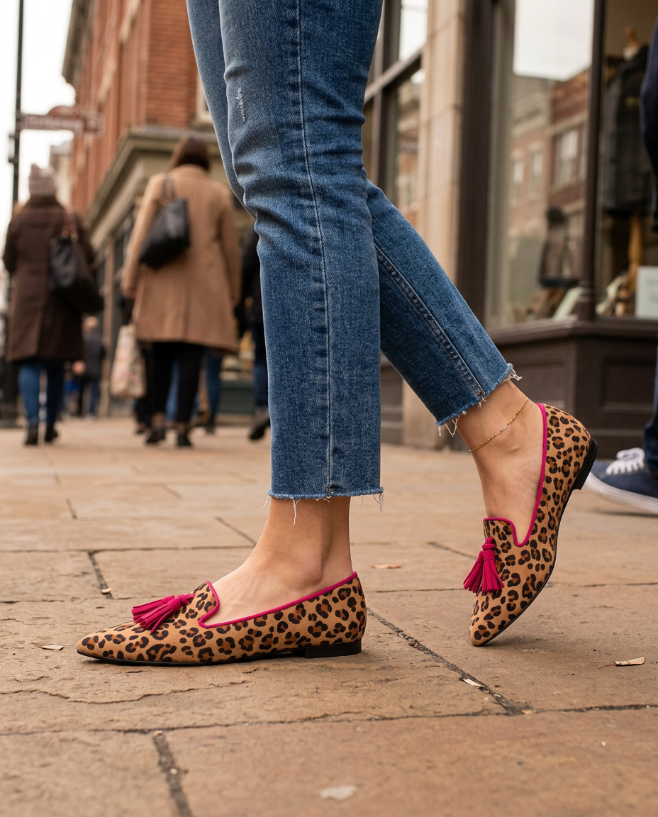 Mocasín Ginebra — Leopardo Gamuzado, Borlas Fucsia