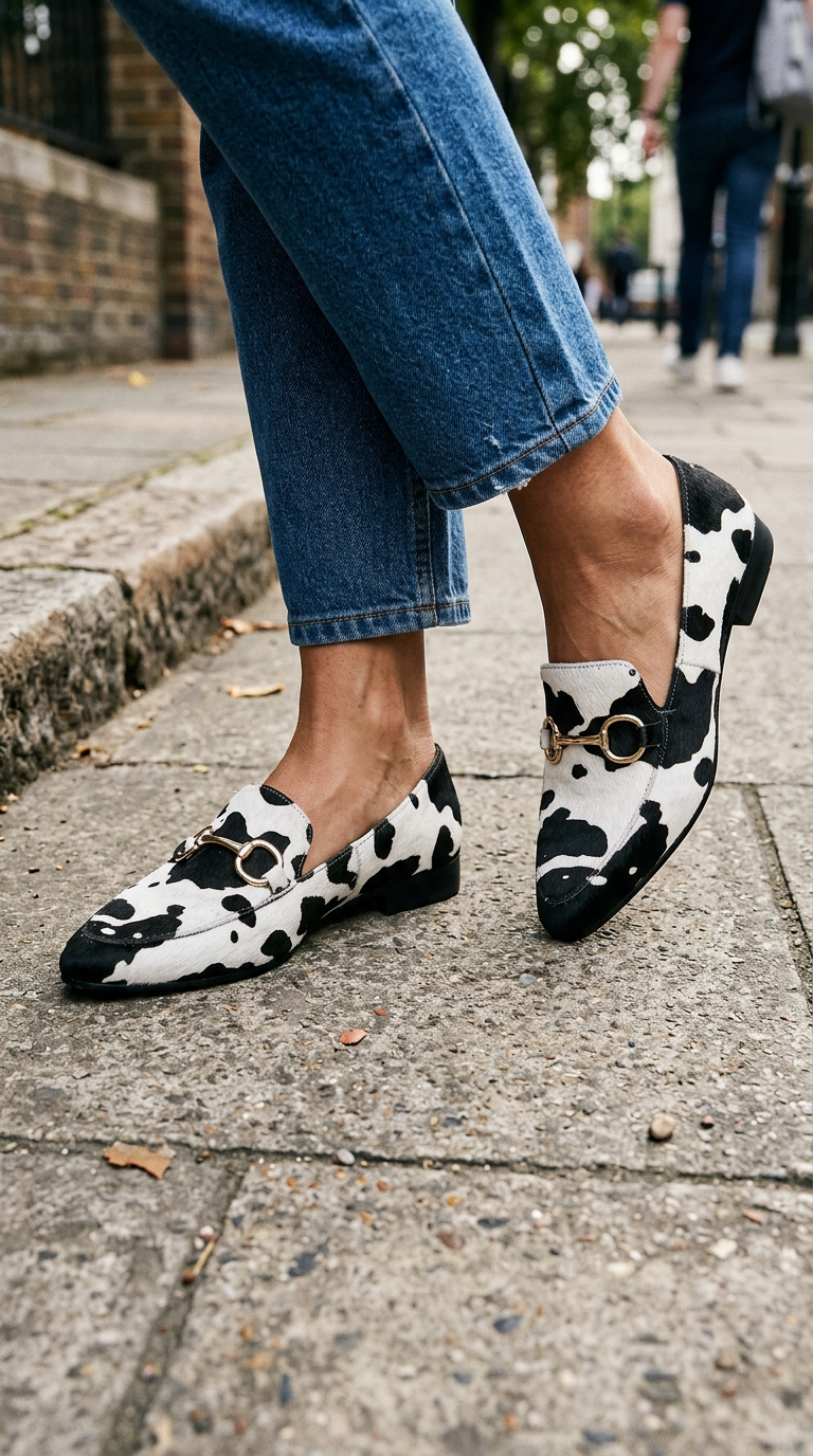 Mocasín de Pelo Estampado de Leopardo Blanco y Negro