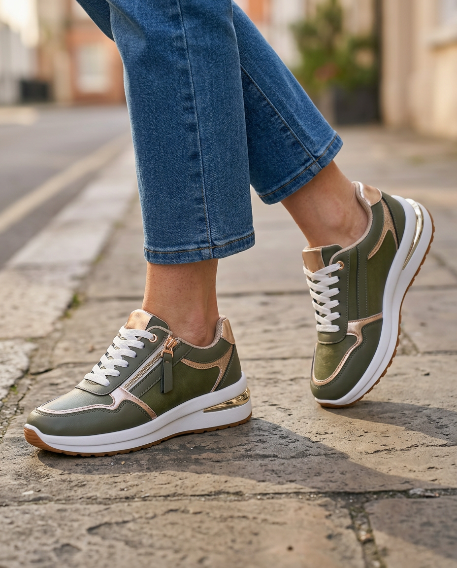 Zapatillas cómodas con cremallera y detalles metalizados