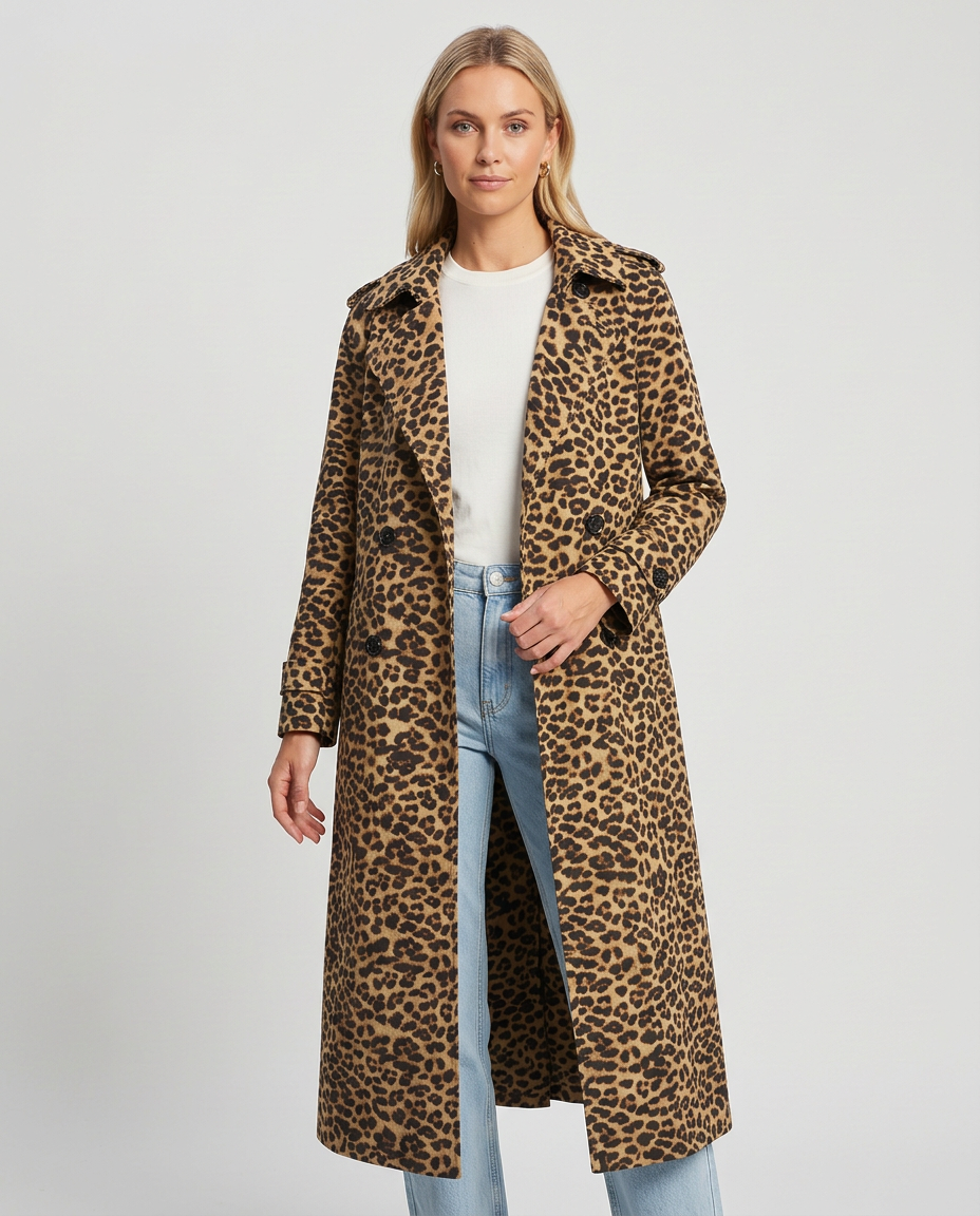 Trench largo con solapas de estampado de leopardo