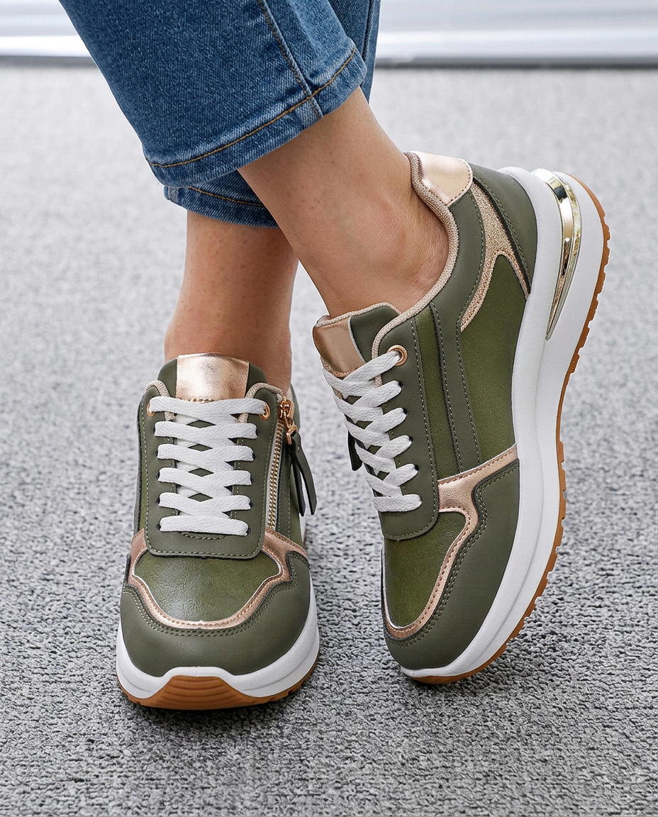 Zapatillas cómodas con cremallera y detalles metalizados