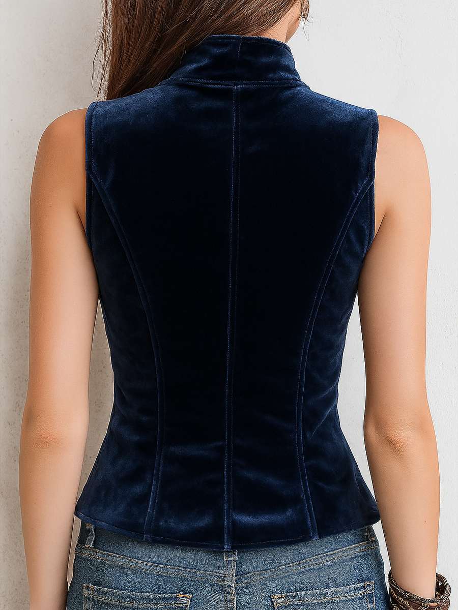 Chaleco de terciopelo vintage con cuello de pie y botones
