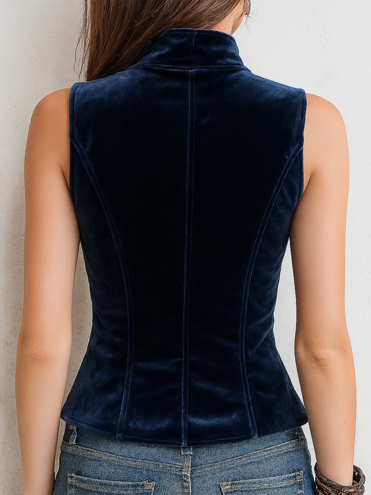Chaleco de terciopelo vintage con cuello de pie y botones