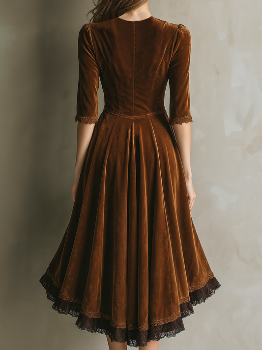 Vestido midi vintage de terciopelo con encaje y mangas tres cuartos