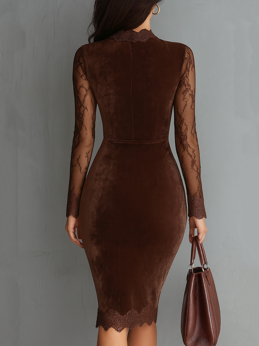 Vestido corto de terciopelo vintage con cuello de ojo de cerradura y mangas de encaje