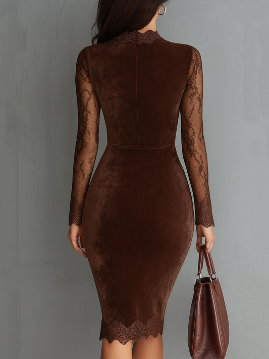 Vestido corto de terciopelo vintage con cuello de ojo de cerradura y mangas de encaje
