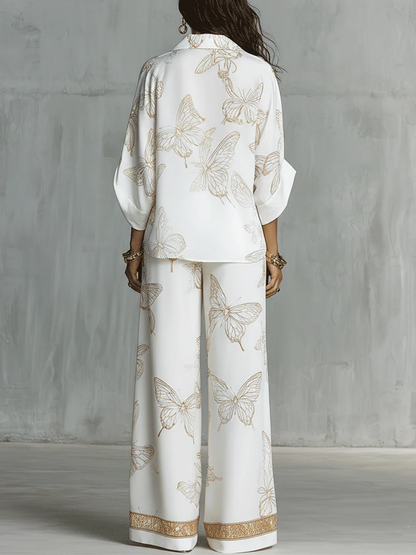Conjunto suelto de dos piezas casual elegante con estampado de mariposas doradas
