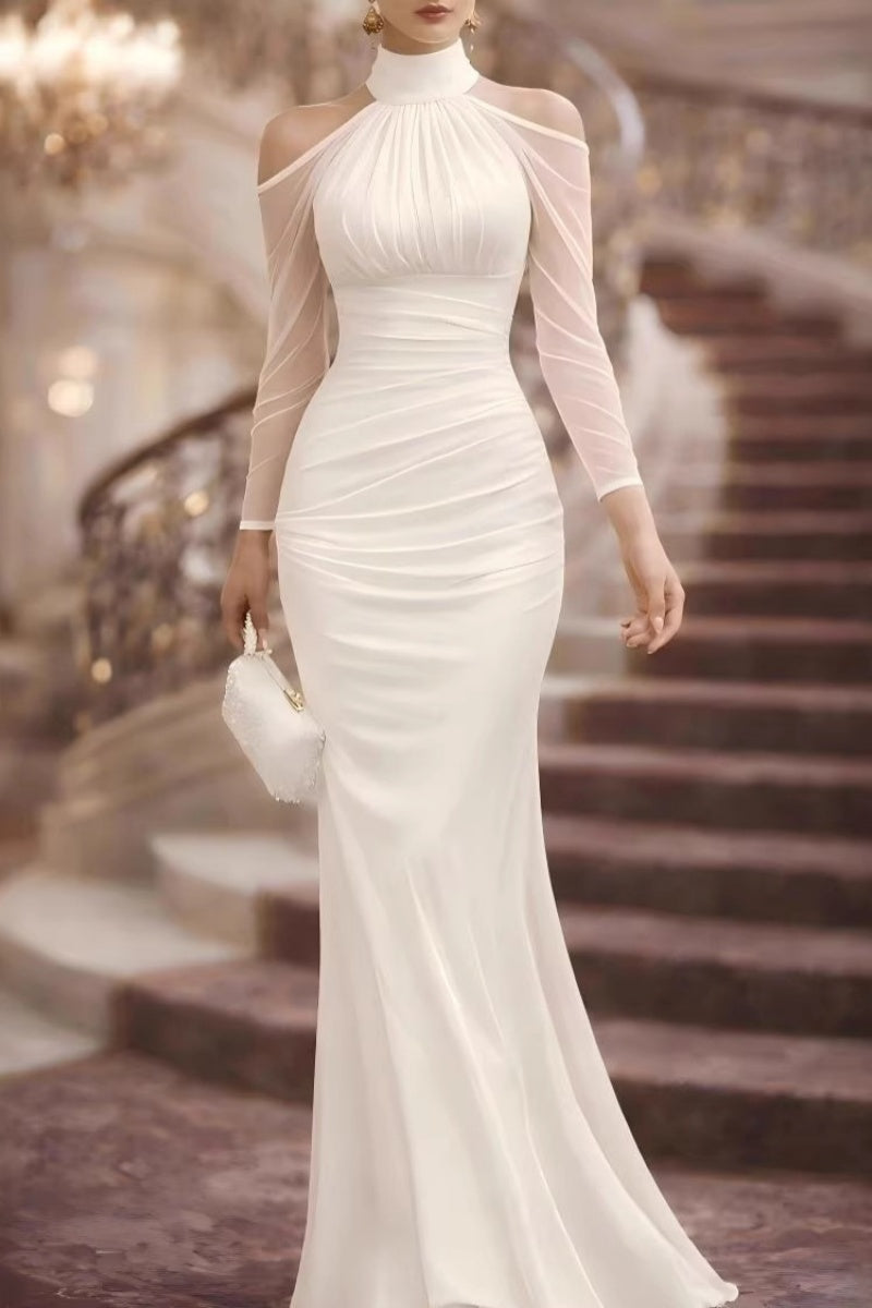 Vestido largo maxi con hombros descubiertos y mangas transparentes tipo halter