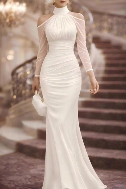 Vestido largo maxi con hombros descubiertos y mangas transparentes tipo halter