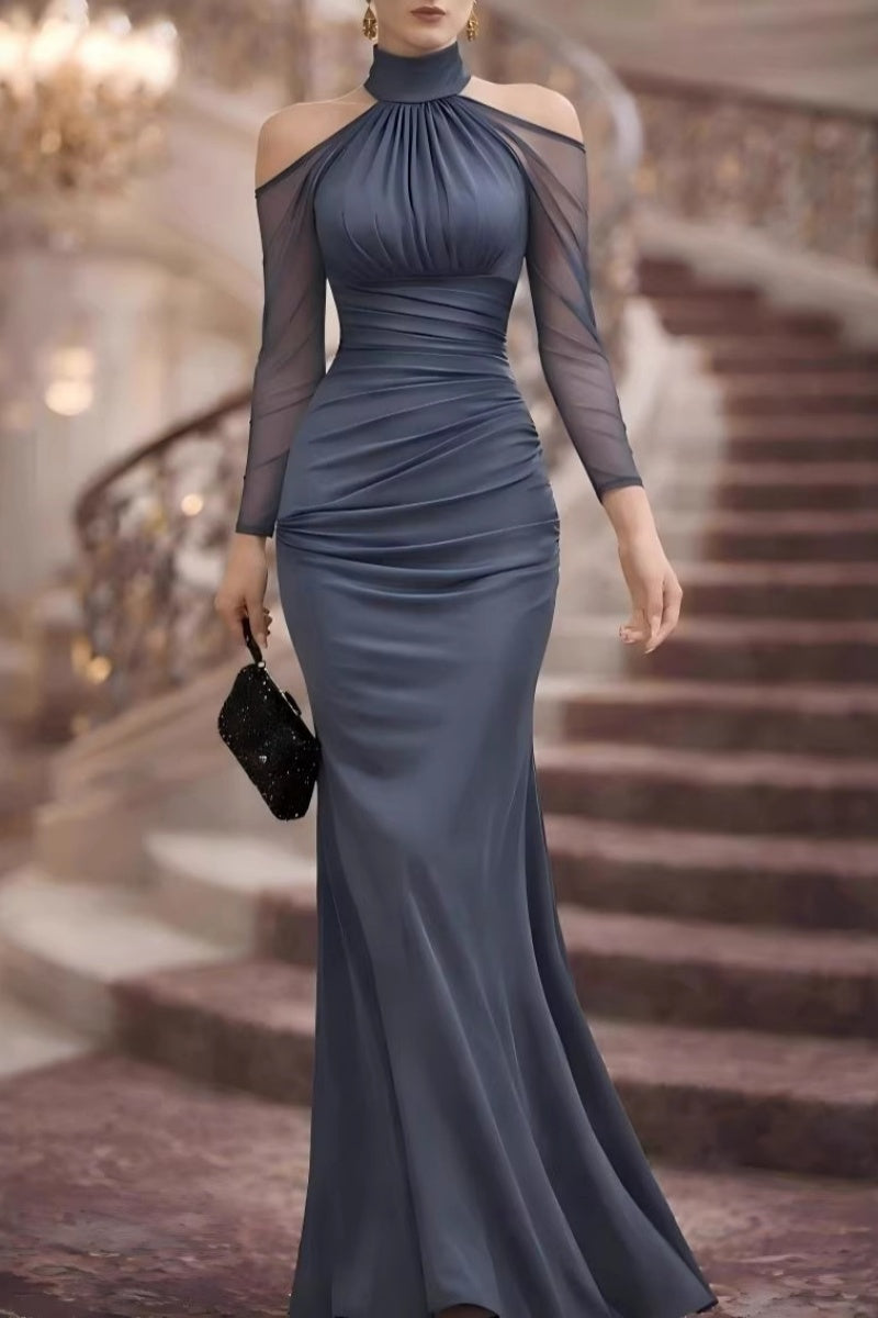 Vestido largo maxi con hombros descubiertos y mangas transparentes tipo halter